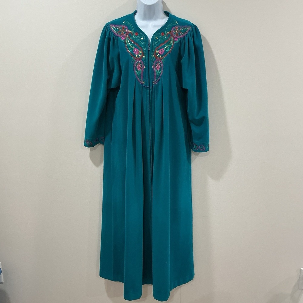 Vintage 80s Vanity Fair Velour Robe Housecoat Paisley Long Zip Floral Green SZ S